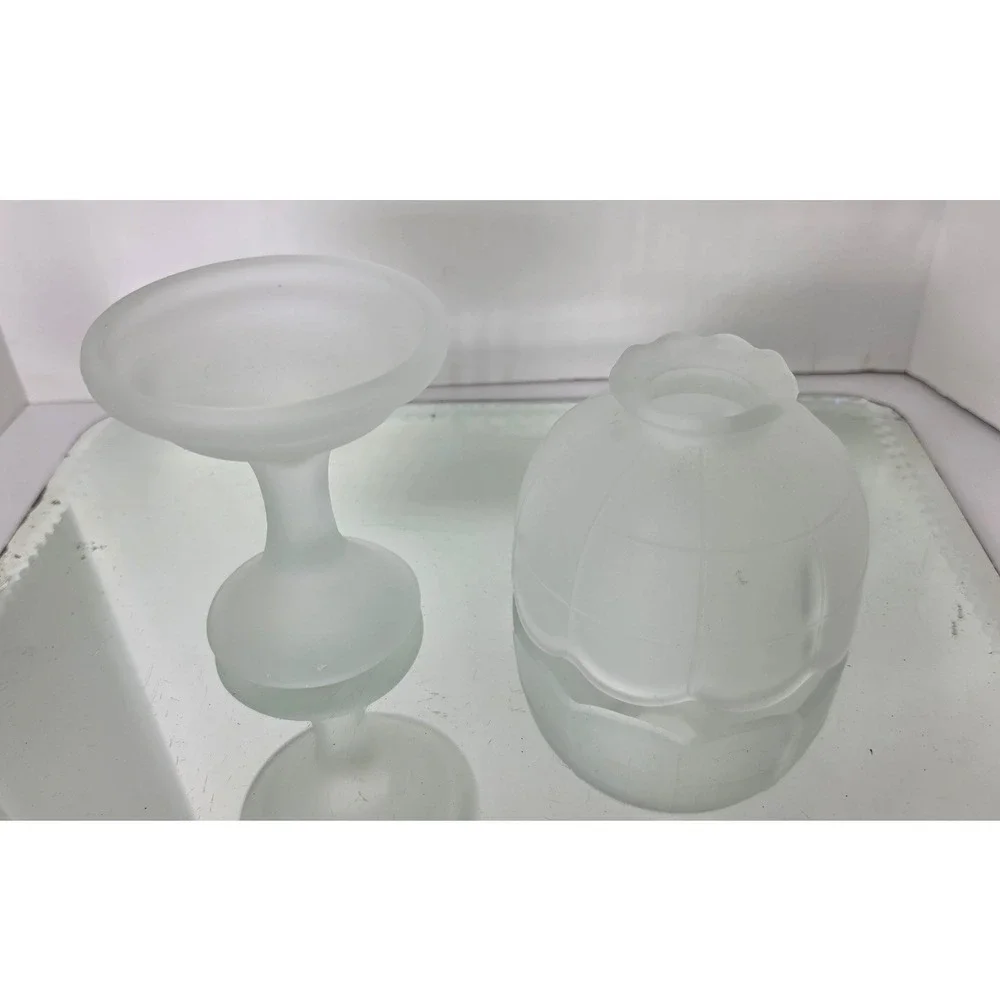 Vintage Frosted Satin Glass Fairy Lamp Scalloped 2-Piece Candle Holder 6